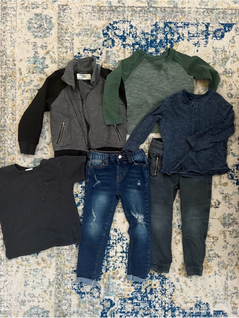 Boys Mixed Outfit Bundle with Jeans & Tops - Green, Navy, Gray